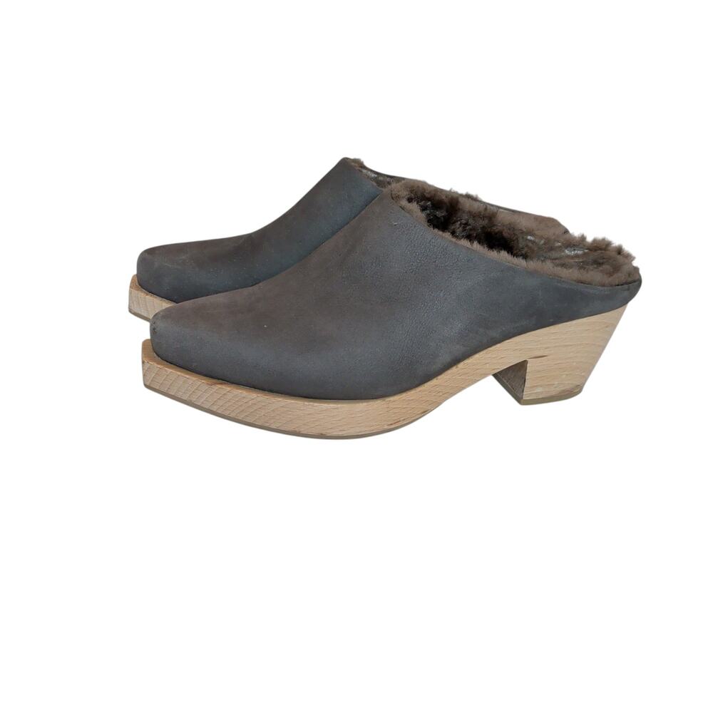 Coclico Women's Sz 8 Kera Grey Suede Shearling Lined Wooden Clog Mule Shoes